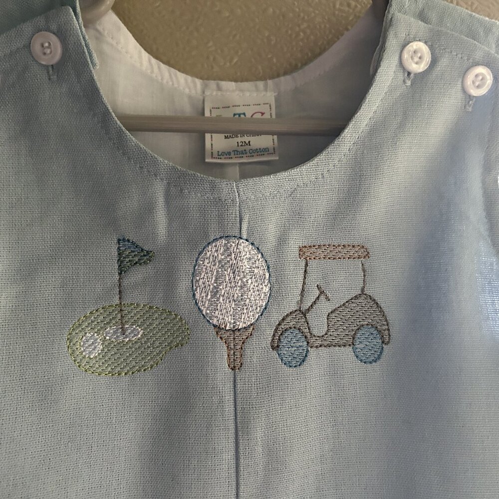 Baby Boy Golf Jon Jon – Light Blue Sleeveless Outfit with Golf Embroidery (12M)